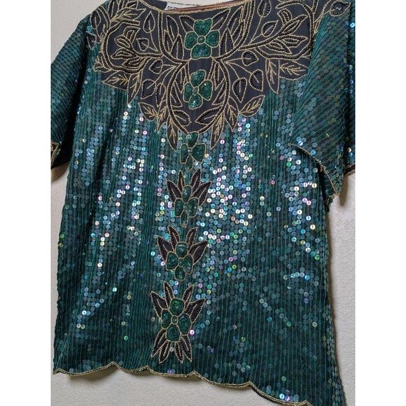 Vintage Blue Green Sequin Silk Top Size Medium Party Y2K Formal Beaded Gatsby - Picture 3 of 10